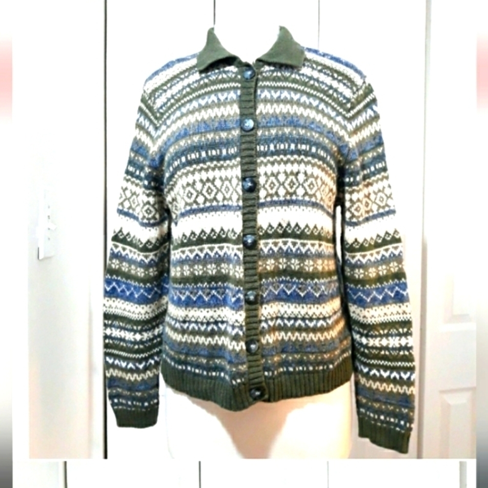 Marsh Landing Sweater Multicolor Knitted Cotton Blend Cardigan Long-Sleeve Large